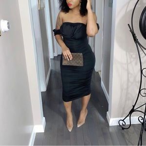 Double Layer Sexy Mesh Dress Women Strapless Bodycon Pleated Midi Dress